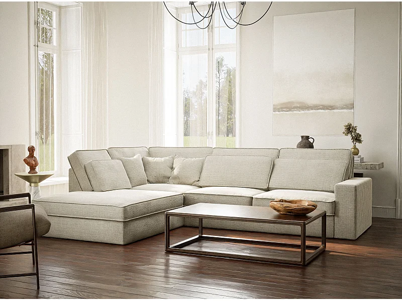 Kanapa narożna lewostronna 5-osobowa KIROU - szenilowa tkanina - beżowoszary