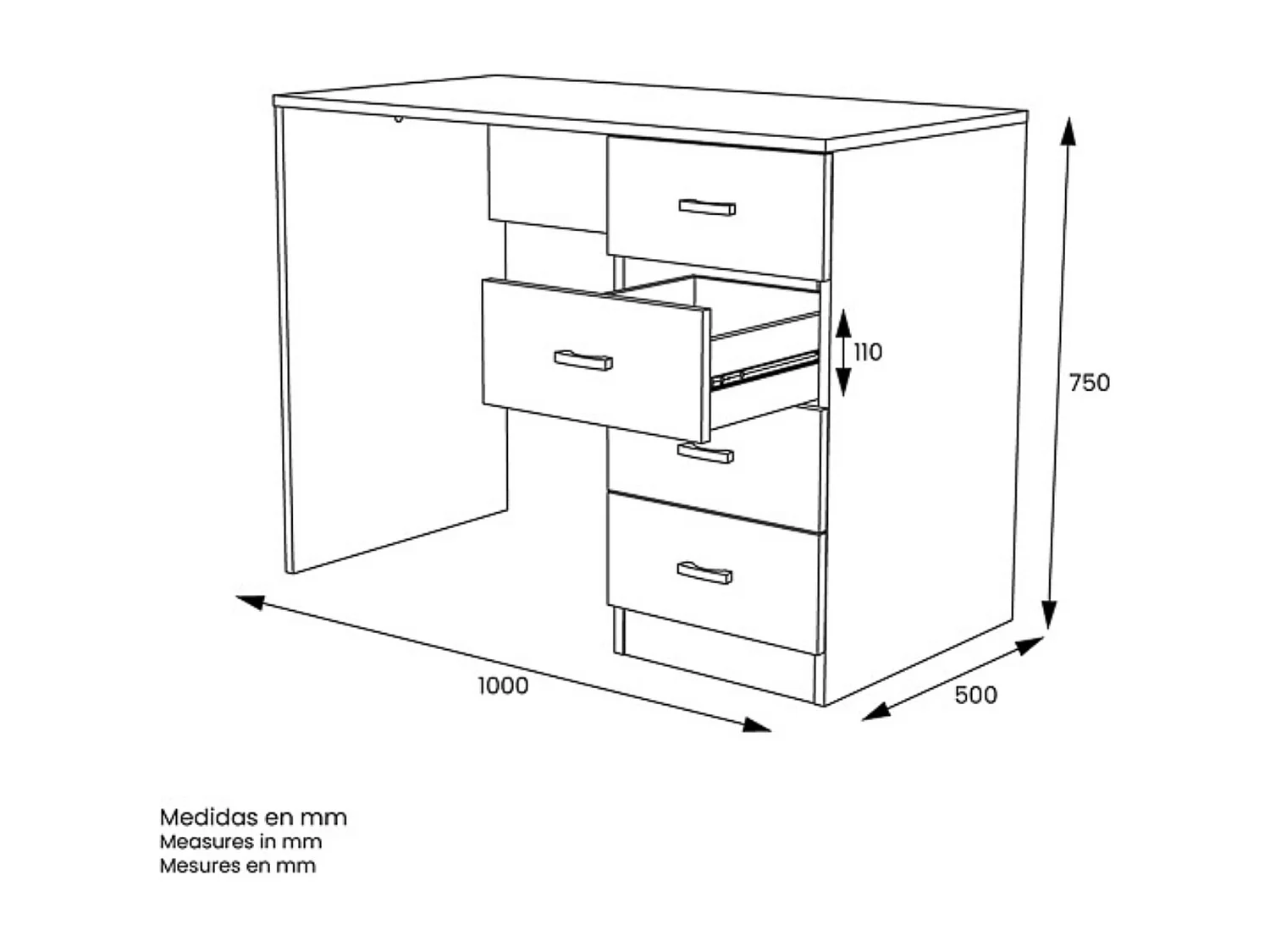 Escritorio Moderno de 4 Cajones - Acabado Blanco de Alta Calidad - 100 cm de Ancho, 50 cm de Fondo, 75 cm de Alto