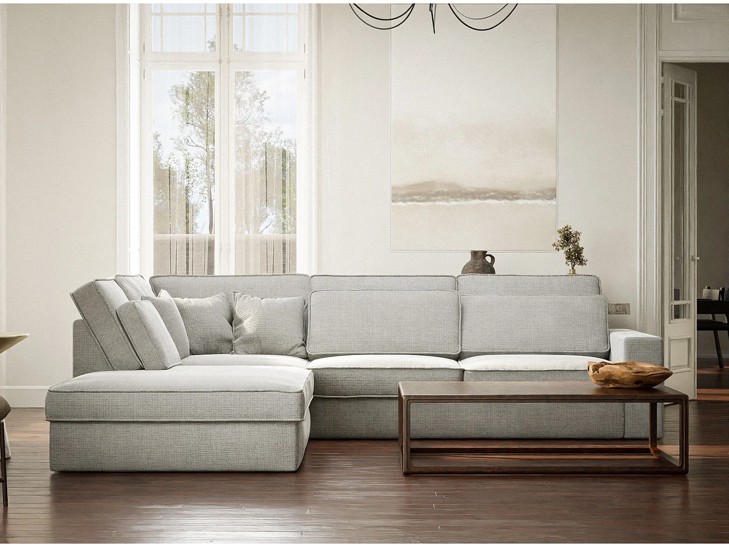 Canapé d'angle gauche 5 places en tissu chenille gris KIROU