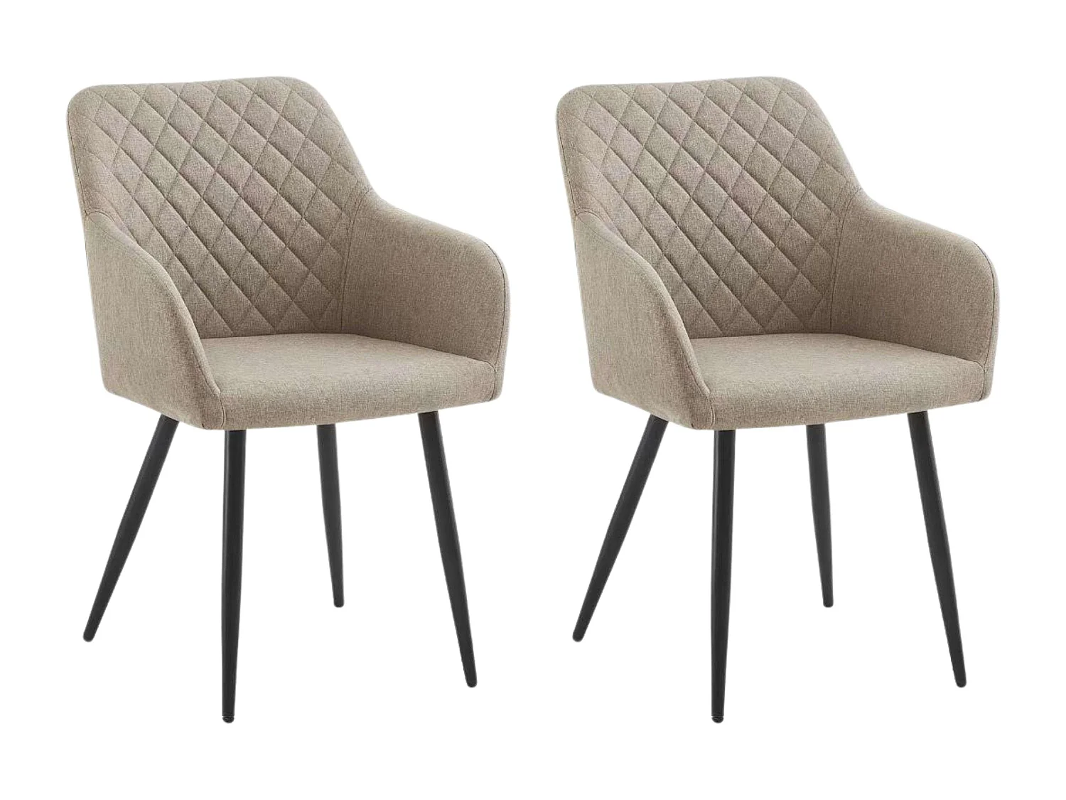 Conjunto de jantar bege com padrão de losangos e pés pretos, composto por 2 cadeiras de jantar com braços.