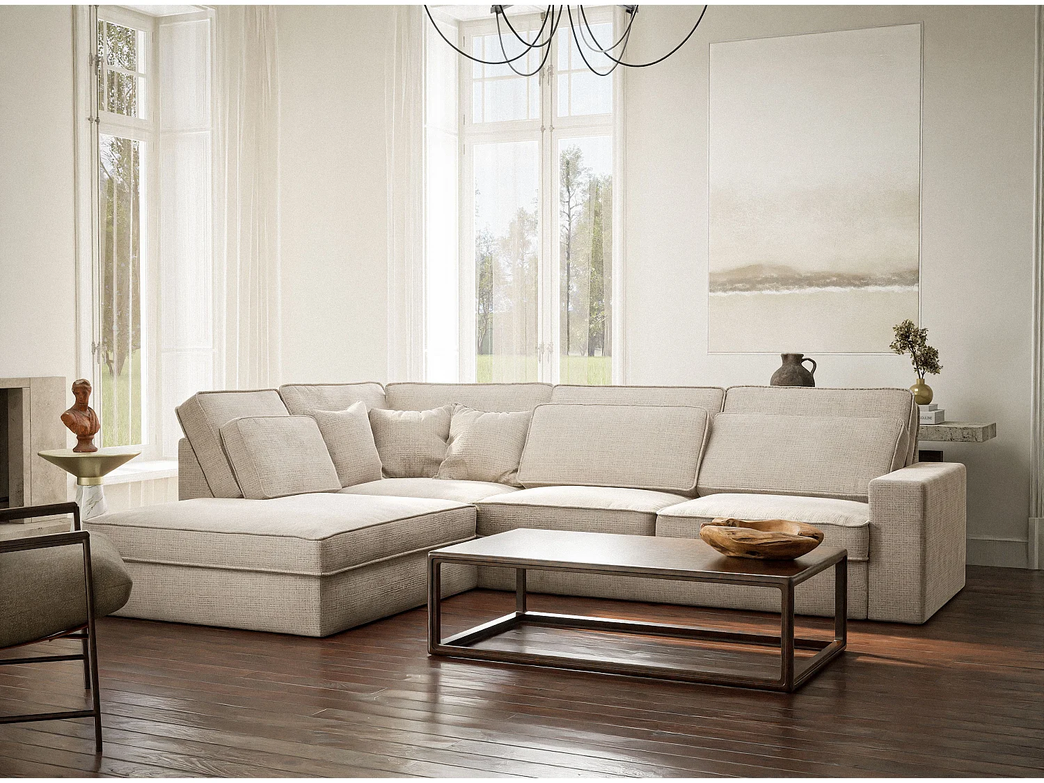 Kanapa narożna lewostronna 5-osobowa KIROU - szenilowa tkanina - kremowy