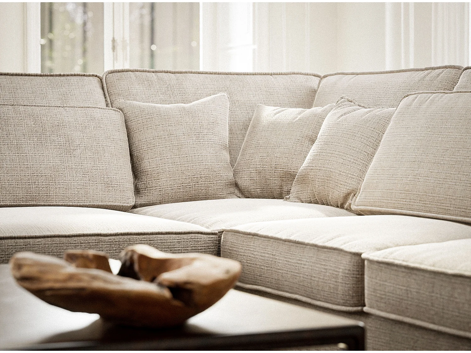 Kanapa narożna lewostronna 5-osobowa KIROU - szenilowa tkanina - kremowy