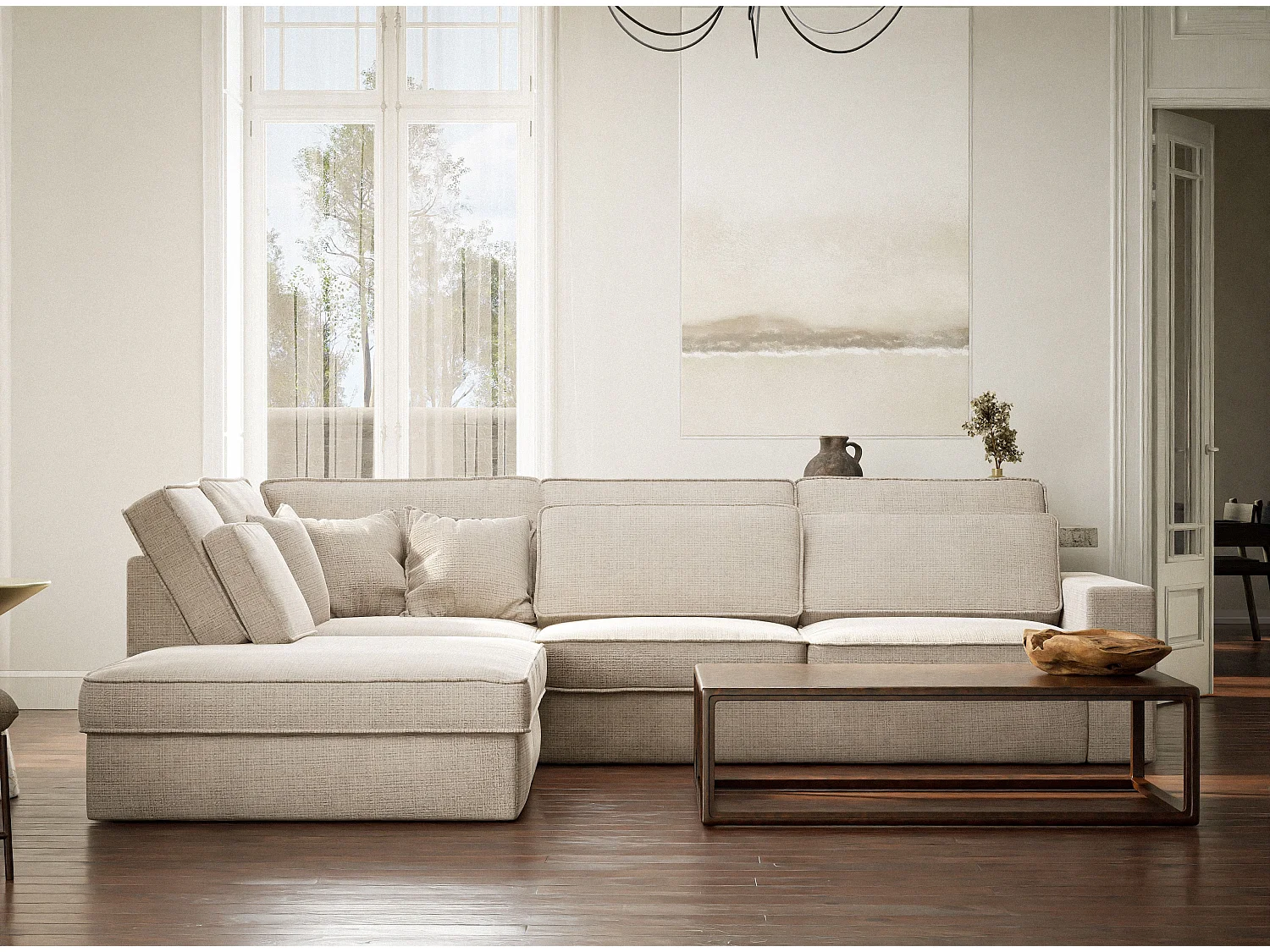 Canapé d'angle gauche 5 places en tissu chenille creme KIROU