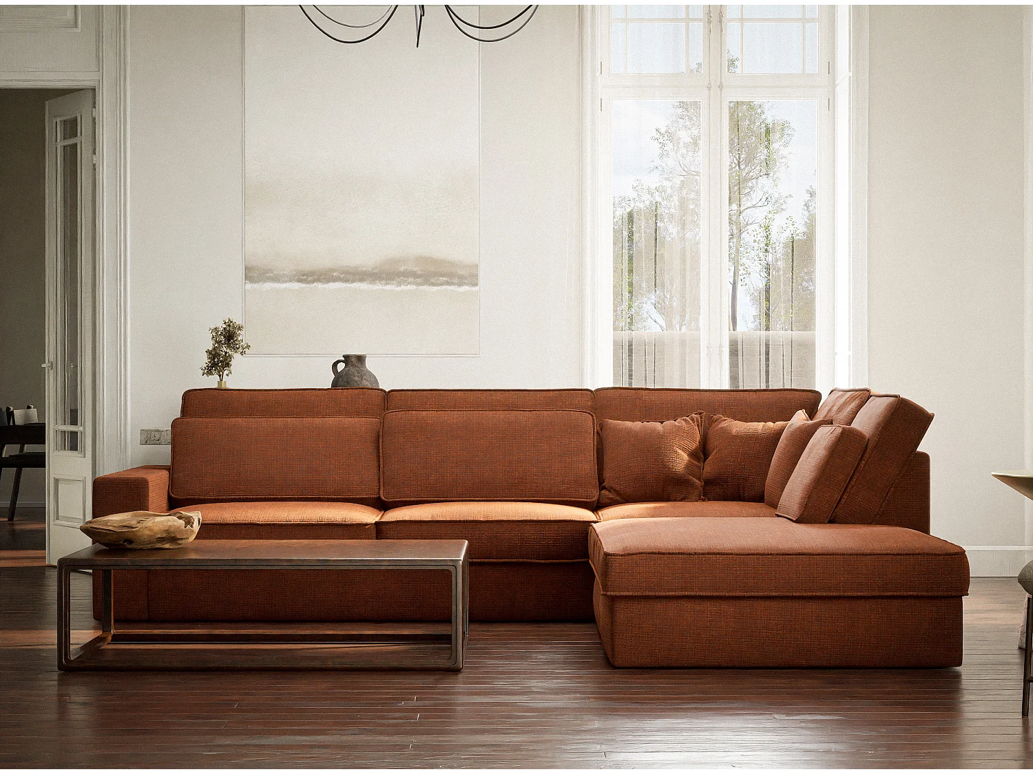 Kanapa narożna prawostronna 5-osobowa KIROU - szenilowa tkanina - miedziany