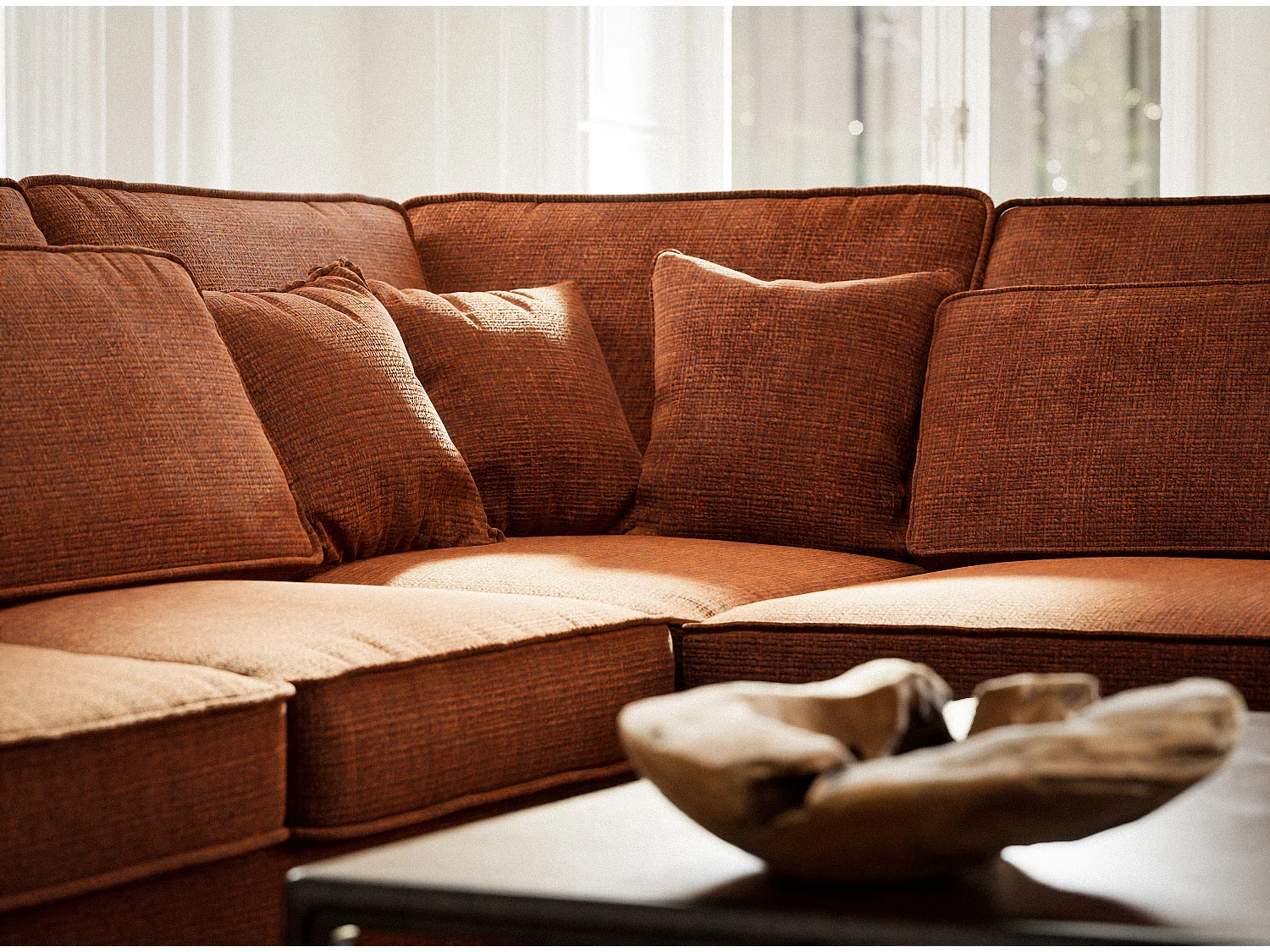 Canapé d'angle droit 5 places en tissu chenille cuivre KIROU