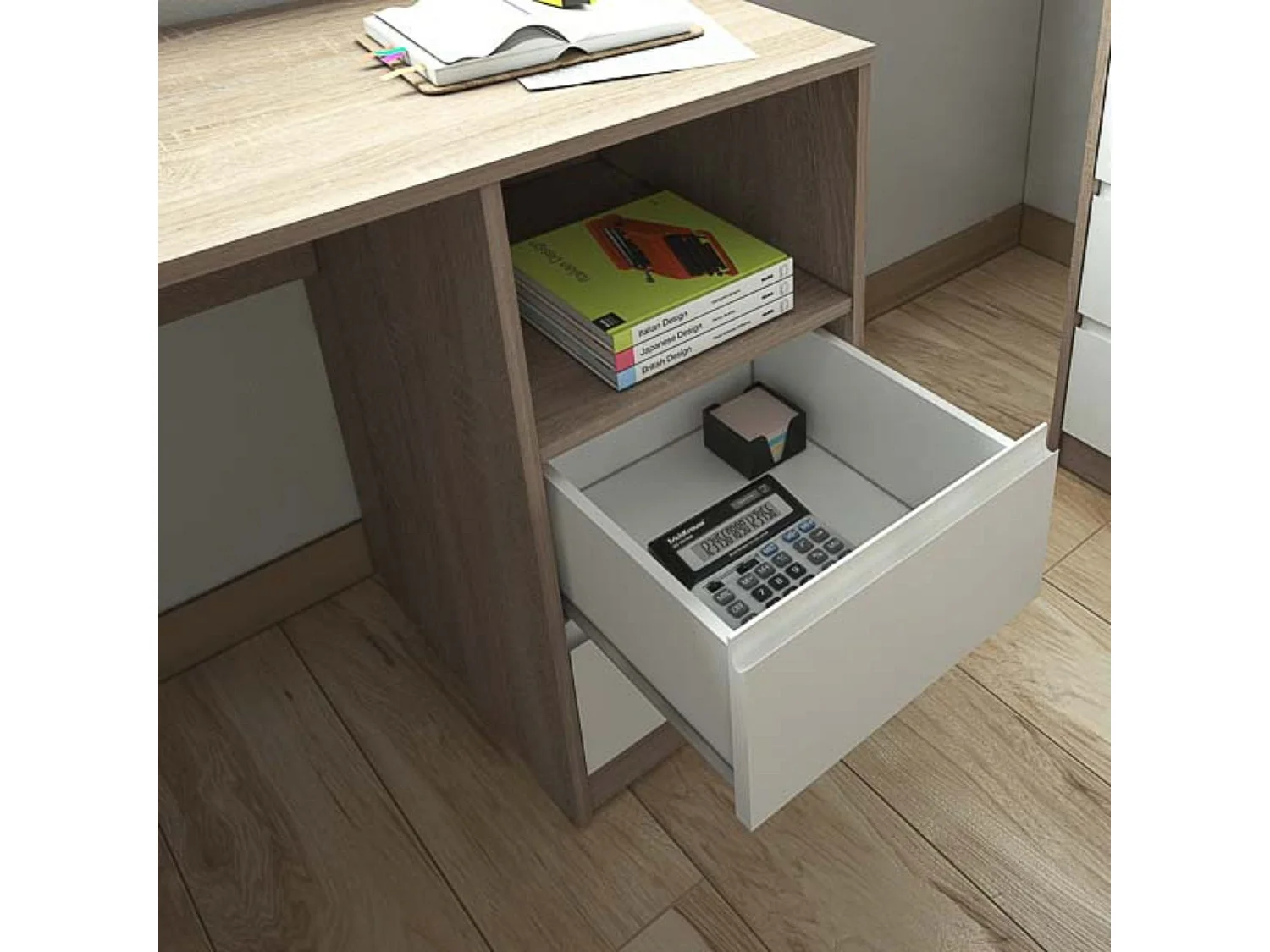 Escritorio de Oficina con 2 Cajones y 1 Estante, MDF Roble y Blanco, 120x50x75 cm - Moderno y Funcional