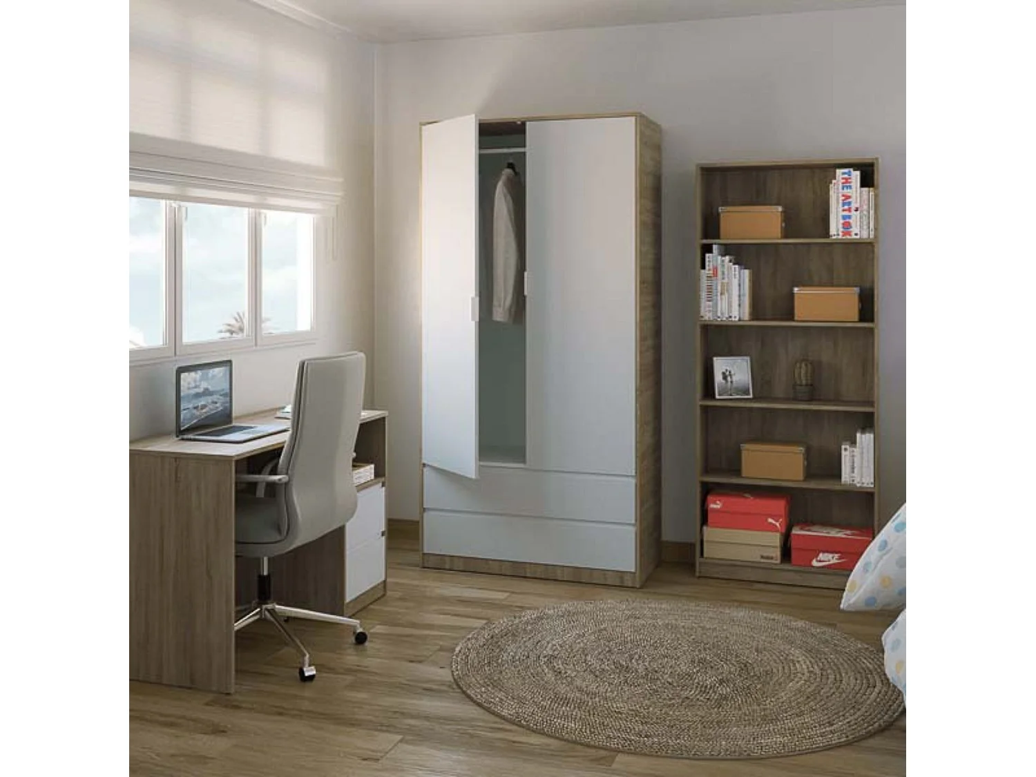 Escritorio de Oficina con 2 Cajones y 1 Estante, MDF Roble y Blanco, 120x50x75 cm - Moderno y Funcional