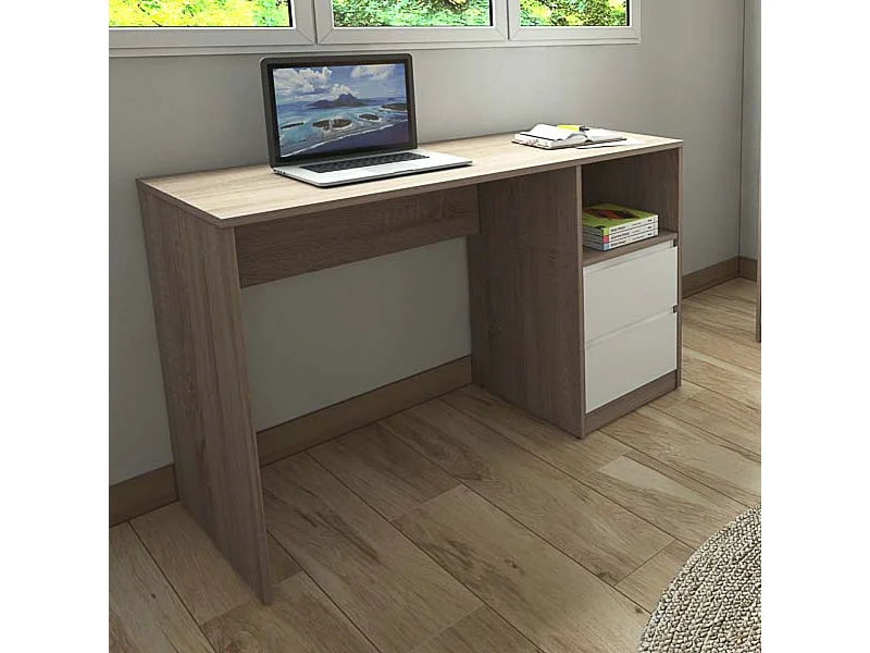 Escritorio de Oficina con 2 Cajones y 1 Estante, MDF Roble y Blanco, 120x50x75 cm - Moderno y Funcional