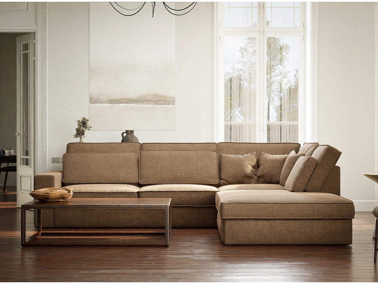 Canapé d'angle droit 5 places en tissu chenille brun KIROU