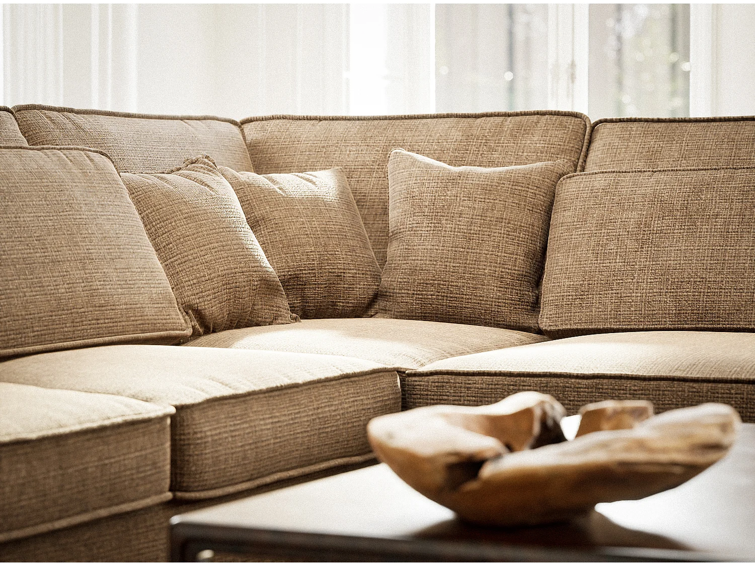 Canapé d'angle droit 5 places en tissu chenille brun KIROU