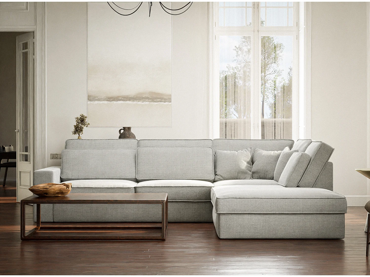 Canapé d'angle droit 5 places en tissu chenille gris KIROU