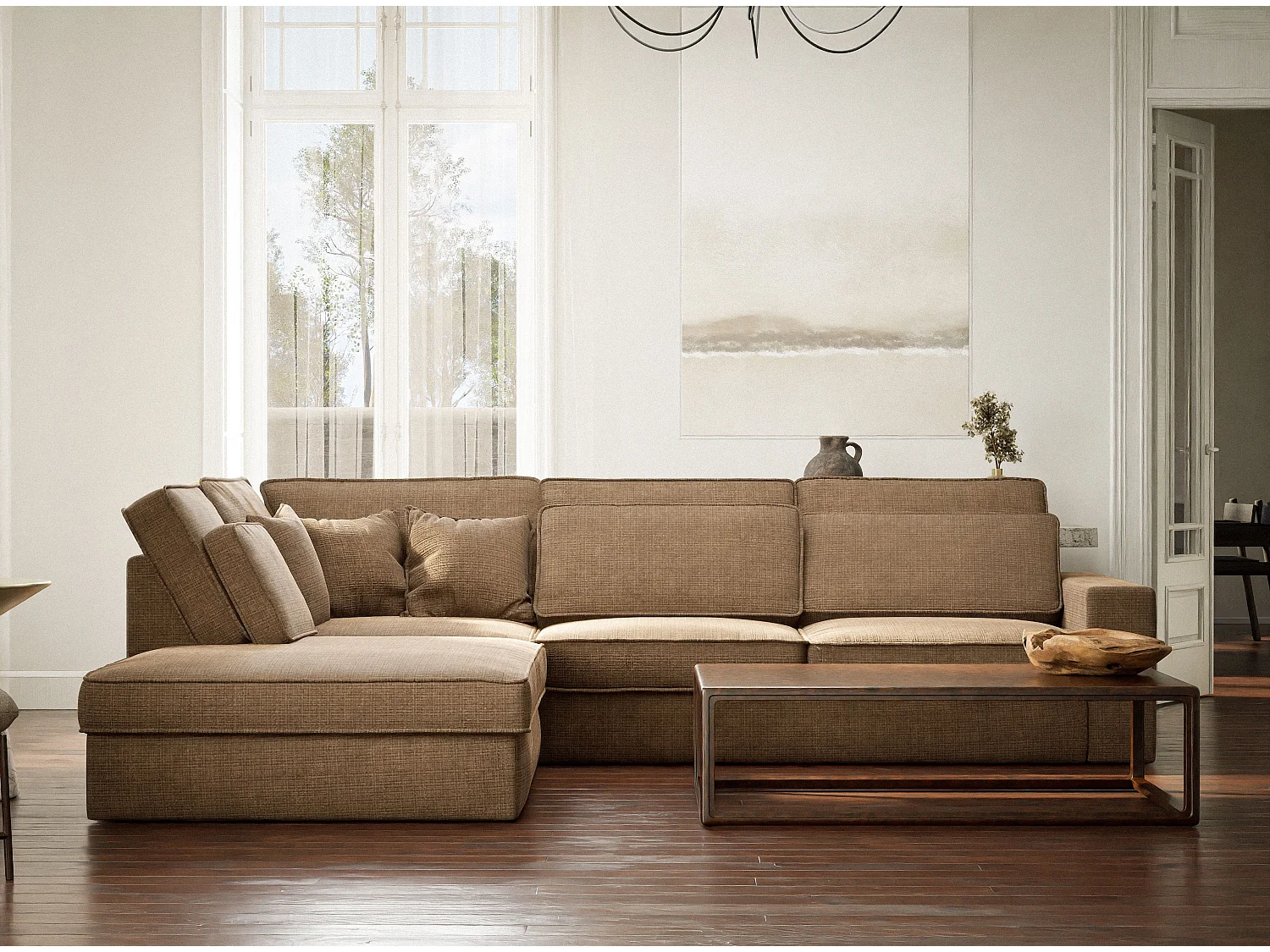 Canapé d'angle gauche 5 places en tissu chenille brun KIROU