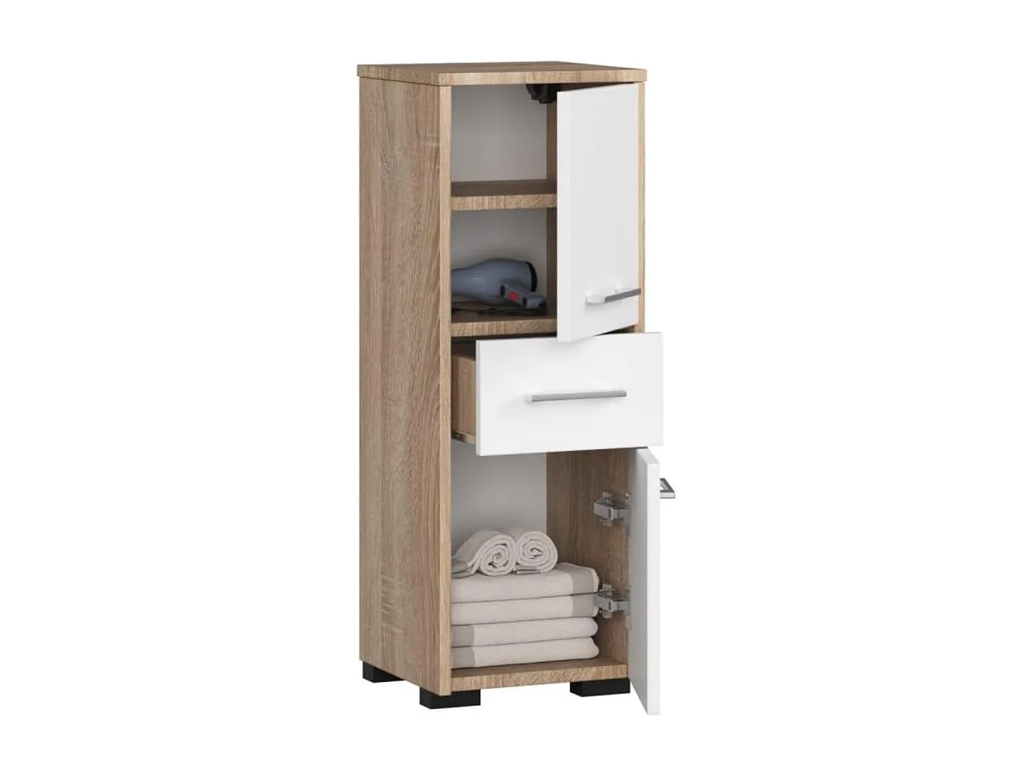 Badezimmersäule, 2 Türen, 1 Schublade, 140 x 30 x 30 cm, Sonoma-Eiche, mattweiß