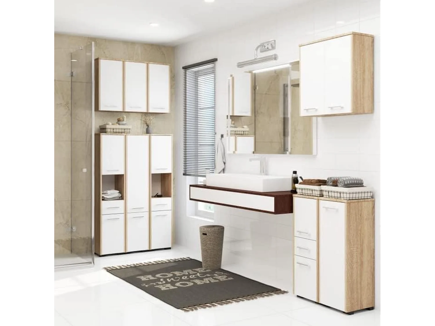 Colonne salle de bain, 2 portes, 1 tiroir, 140 x 30 x 30 cm, Chêne Sonoma, blanc mat