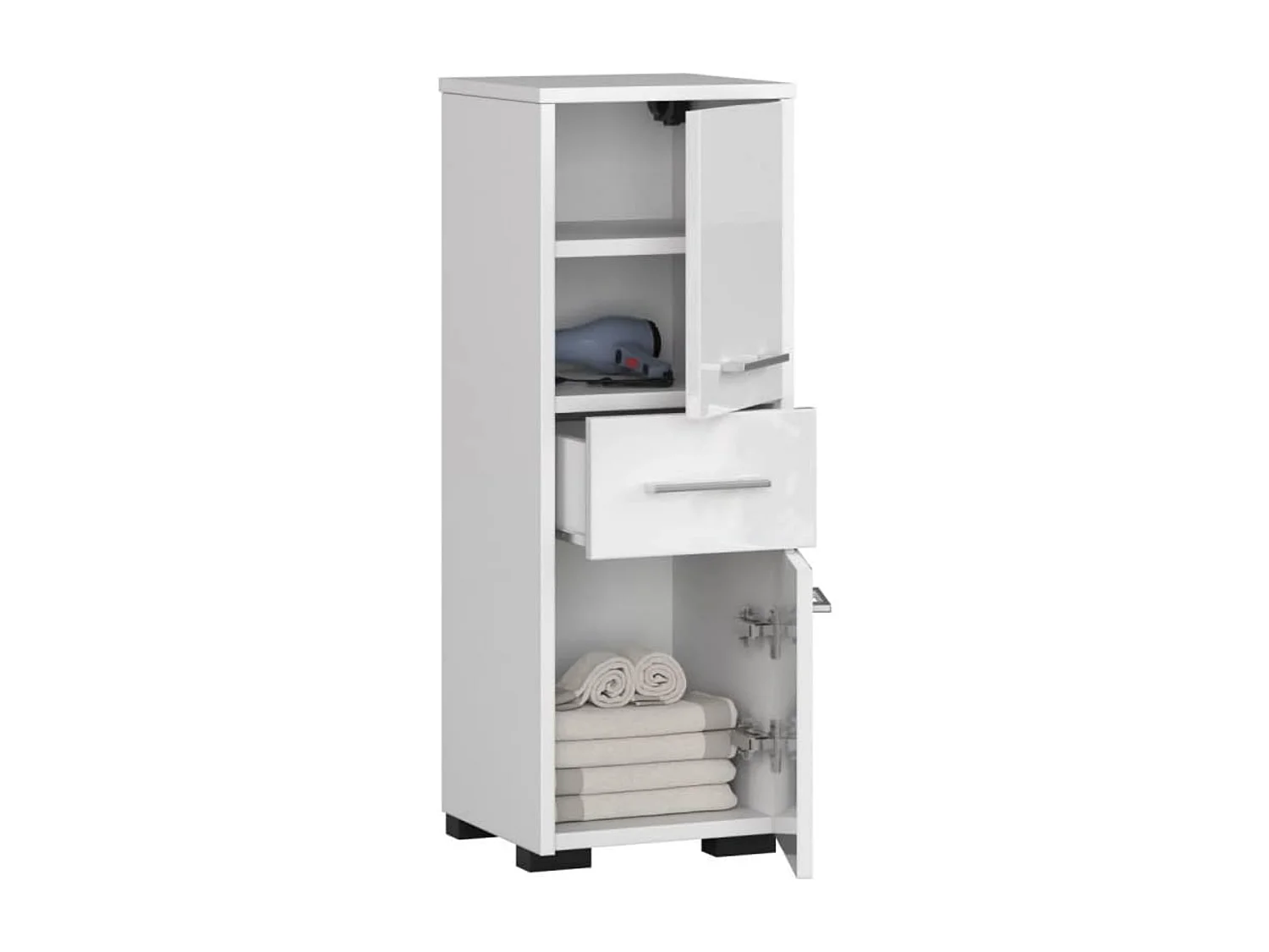Badezimmersäule, 2 Türen, 1 Schublade, 140 x 30 x 30 cm, mattweiß, glänzend weiß