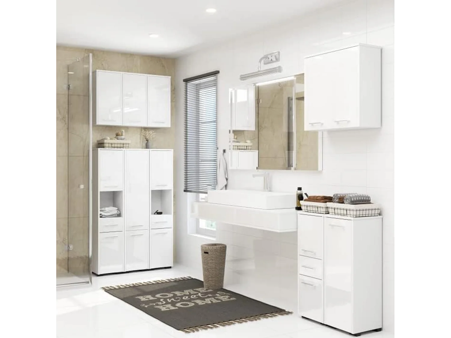 Badezimmersäule, 2 Türen, 1 Schublade, 140 x 30 x 30 cm, mattweiß, glänzend weiß