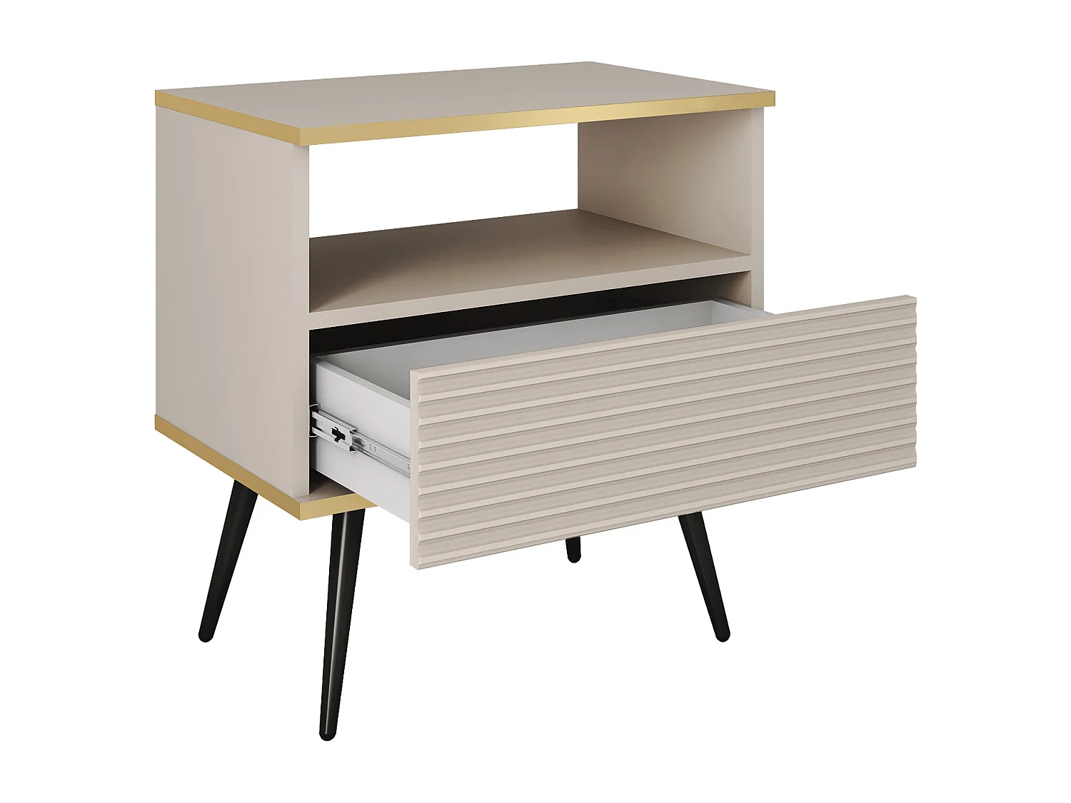 Table de chevet : Beige, pieds noirs, 54 x 59 x 39 cm, façades rainures