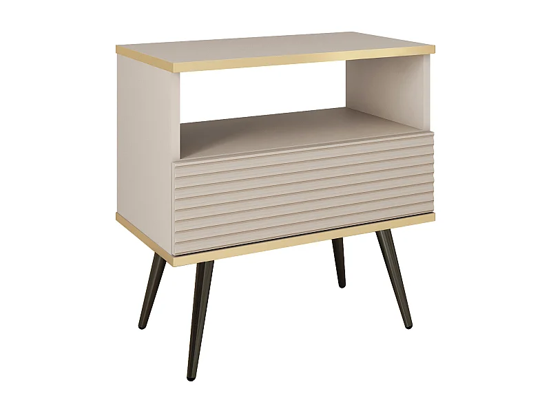 Table de chevet : Beige, pieds noirs, 54 x 59 x 39 cm, façades rainures