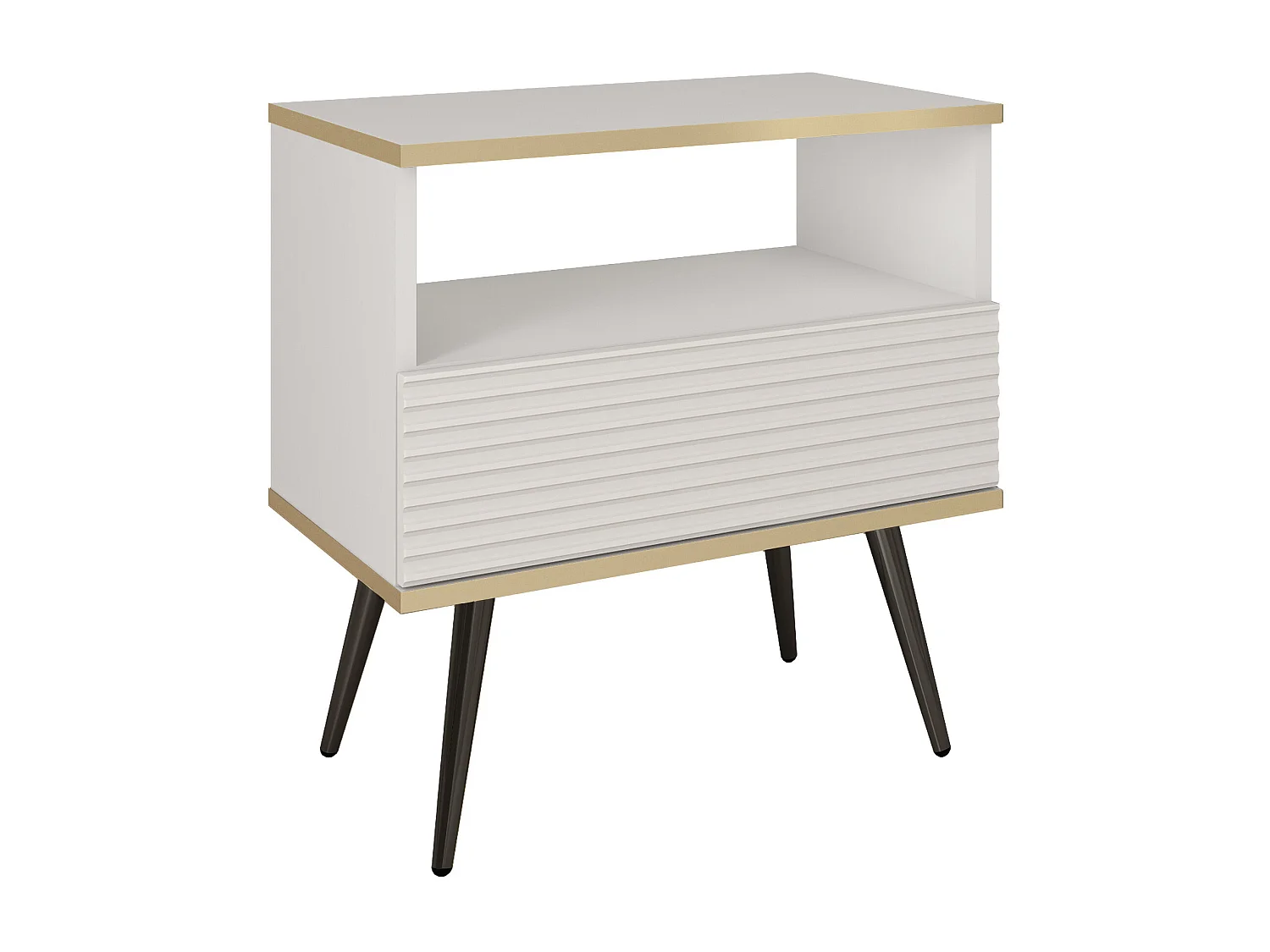 Table de chevet : Blanc, pieds noirs, 54 x 59 x 39 cm, façades rainures