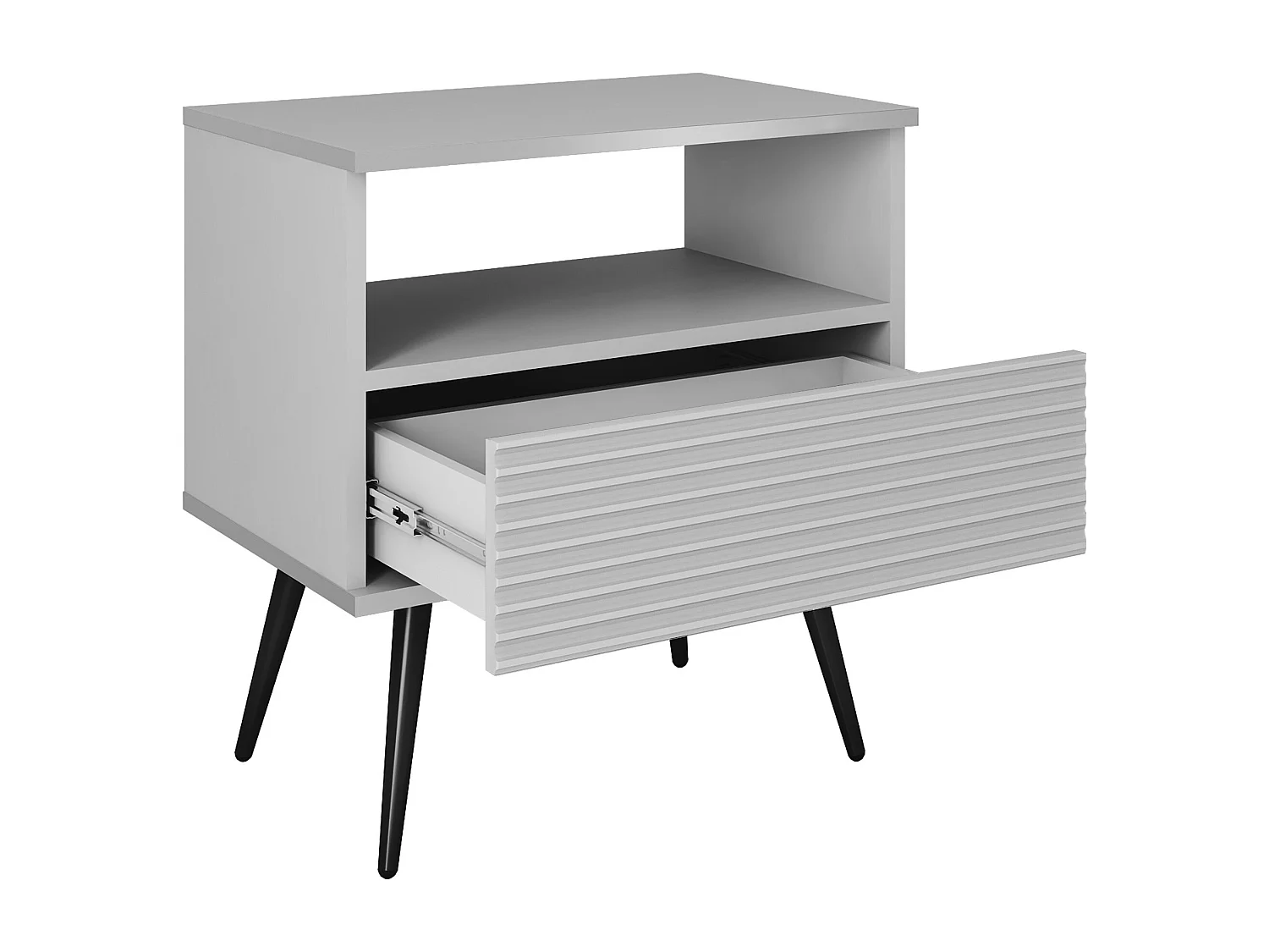 Table de chevet : Blanc, pieds noirs, 54 x 59 x 39 cm, façades rainures