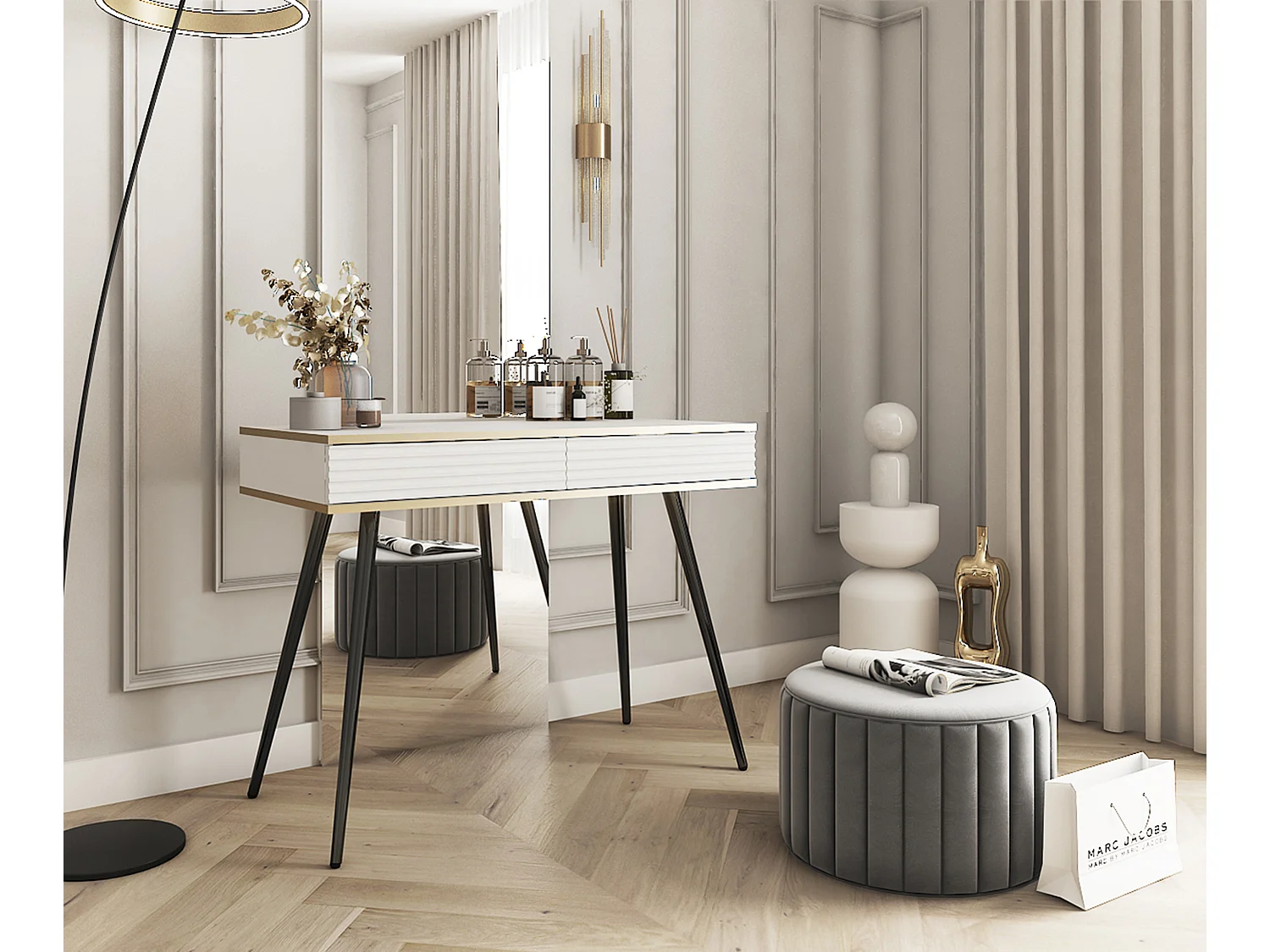 Coiffeuse blanche glamour avec pieds noirs, 102 x 80 x 50