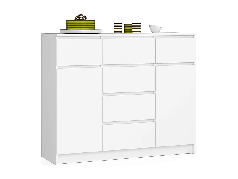 Commode : 6 tiroirs, 2 portes, 4 étagères, blanc, 120 x 99 x 40cm