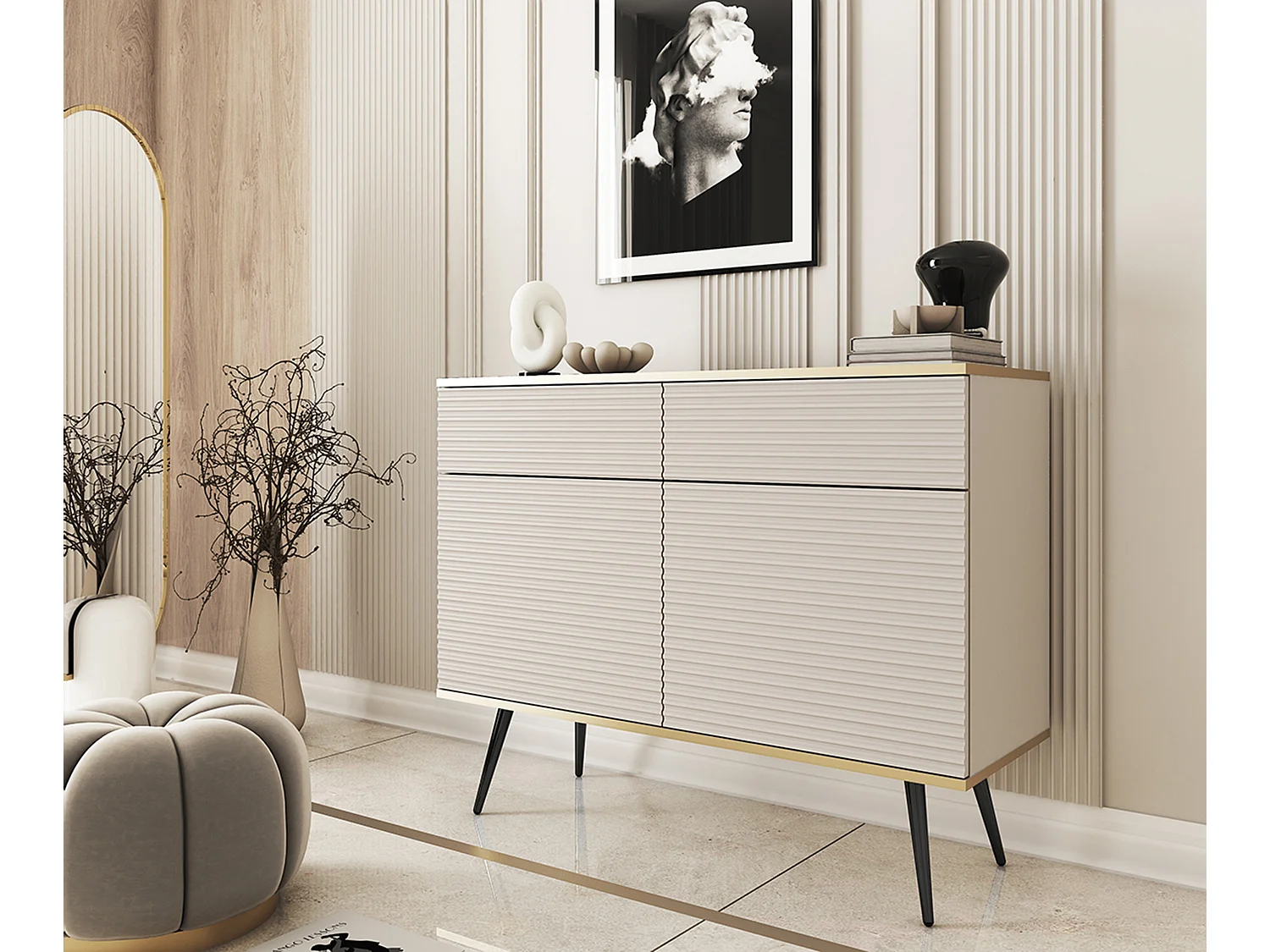 Buffet beige glamour avec pieds noirs, 107 x 39 x 85 cm