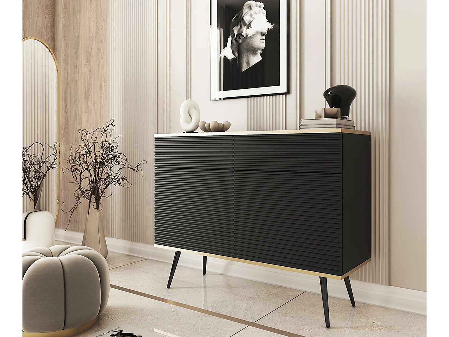 Buffet noir glamour avec pieds noirs, 107 x 39 x 85 cm