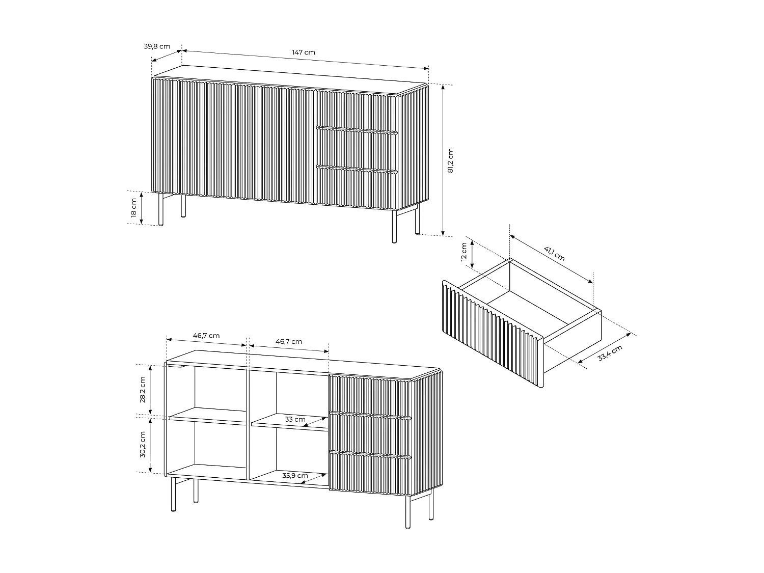 Commode, noir, 147 x 81,2 x 39,8 cm