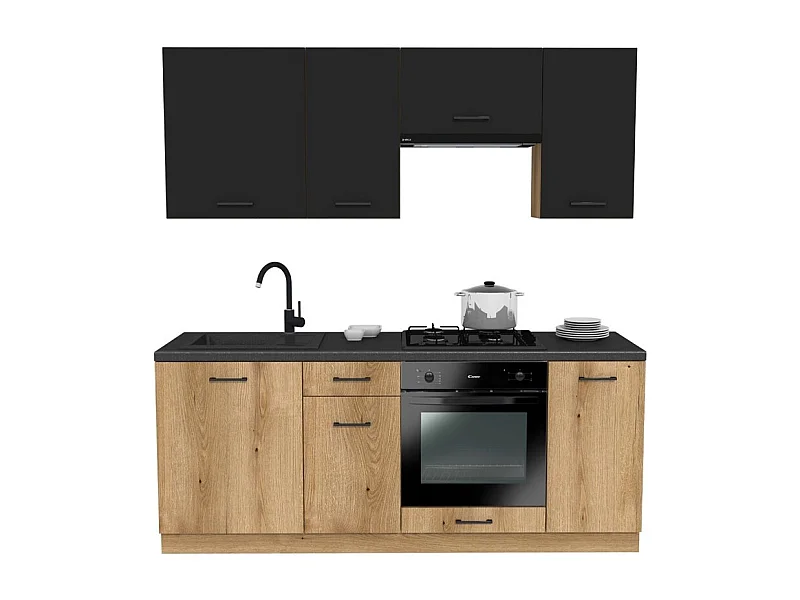 Ensemble d'armoires de cuisine, noir / chêne Evoke, 200 x RÉGLABLE x 48,5 cm