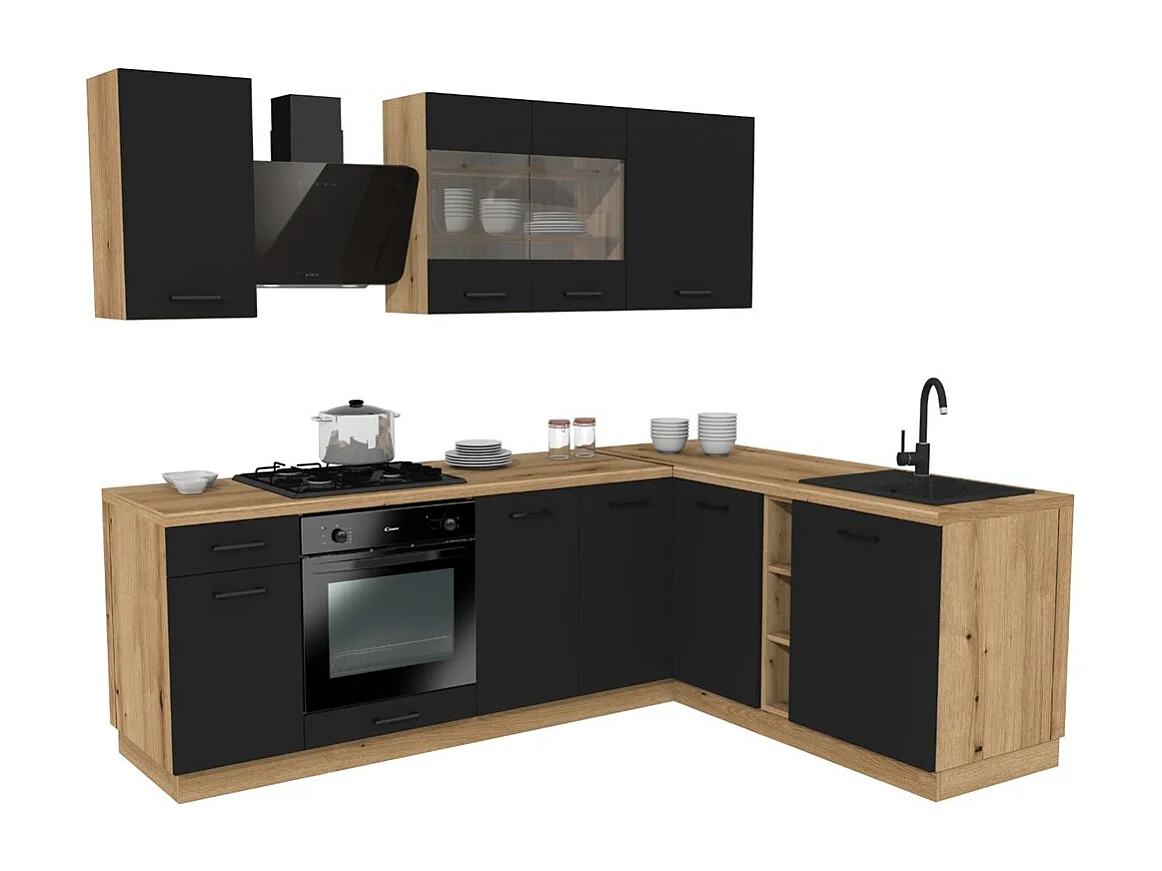 Ensemble d'armoires de cuisine, noir / chêne Evoke, 240 / 180 x RÉGLABLE x 48,5 cm