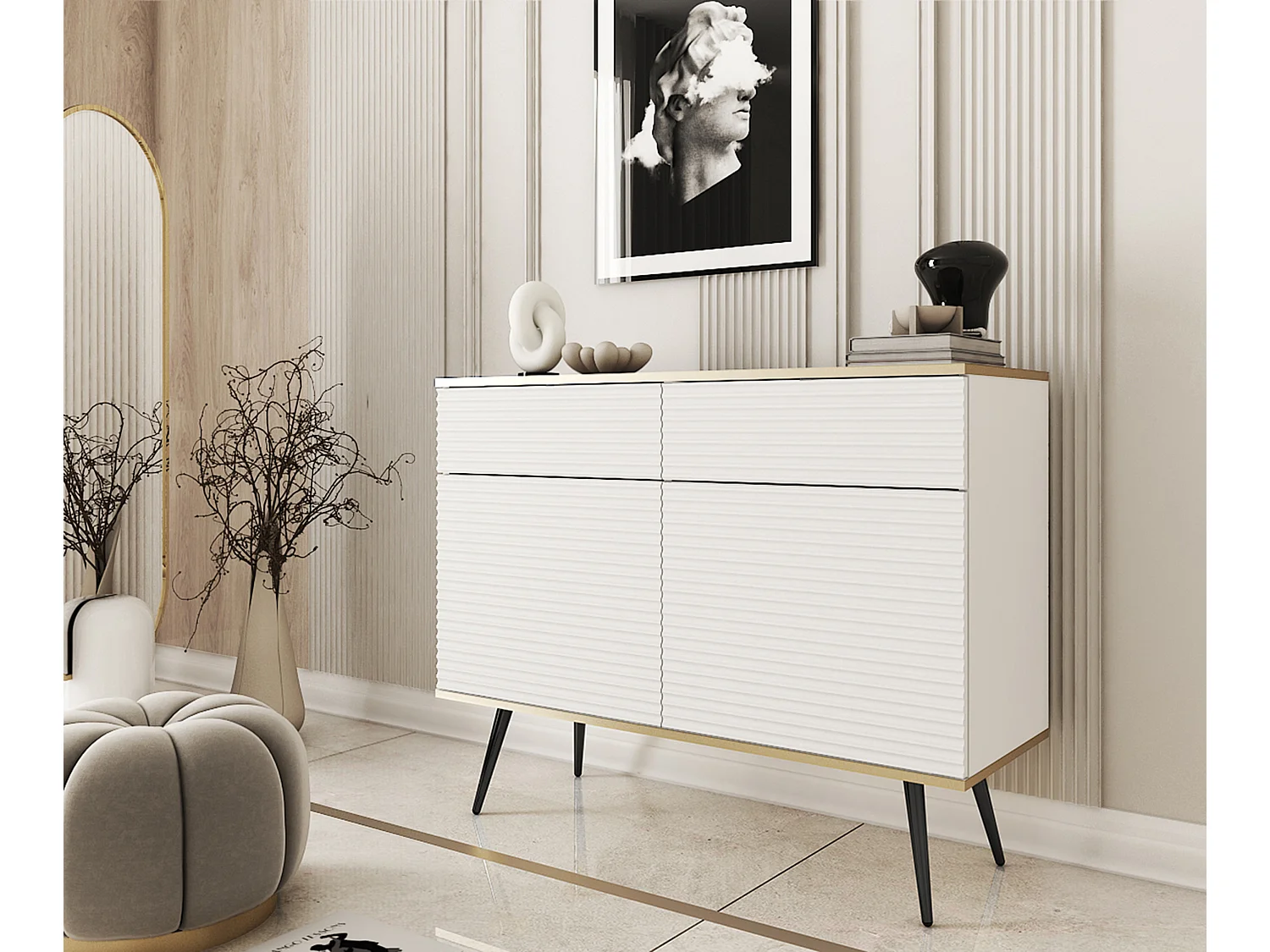 Buffet blanc glamour avec pieds noirs, 107 x 39 x 85 cm