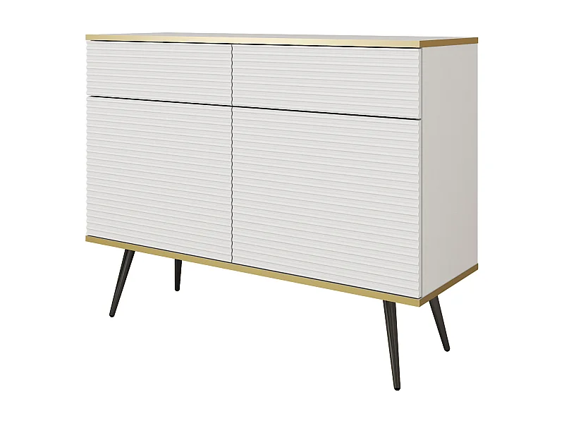 Buffet : Blanc, pieds noirs, 107 x 85 x 39 cm, façades rainures