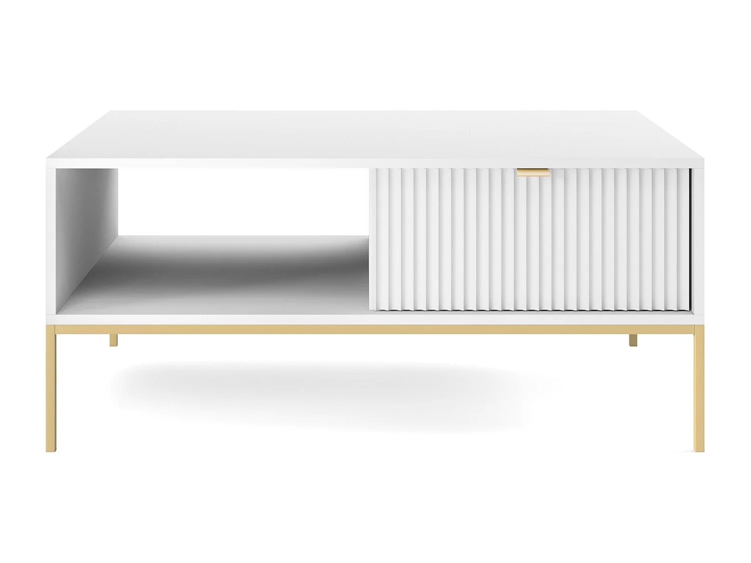 Table basse : 1 tiroir, Blanc, or, 104 x 46 x 68 cm, poignées dorées