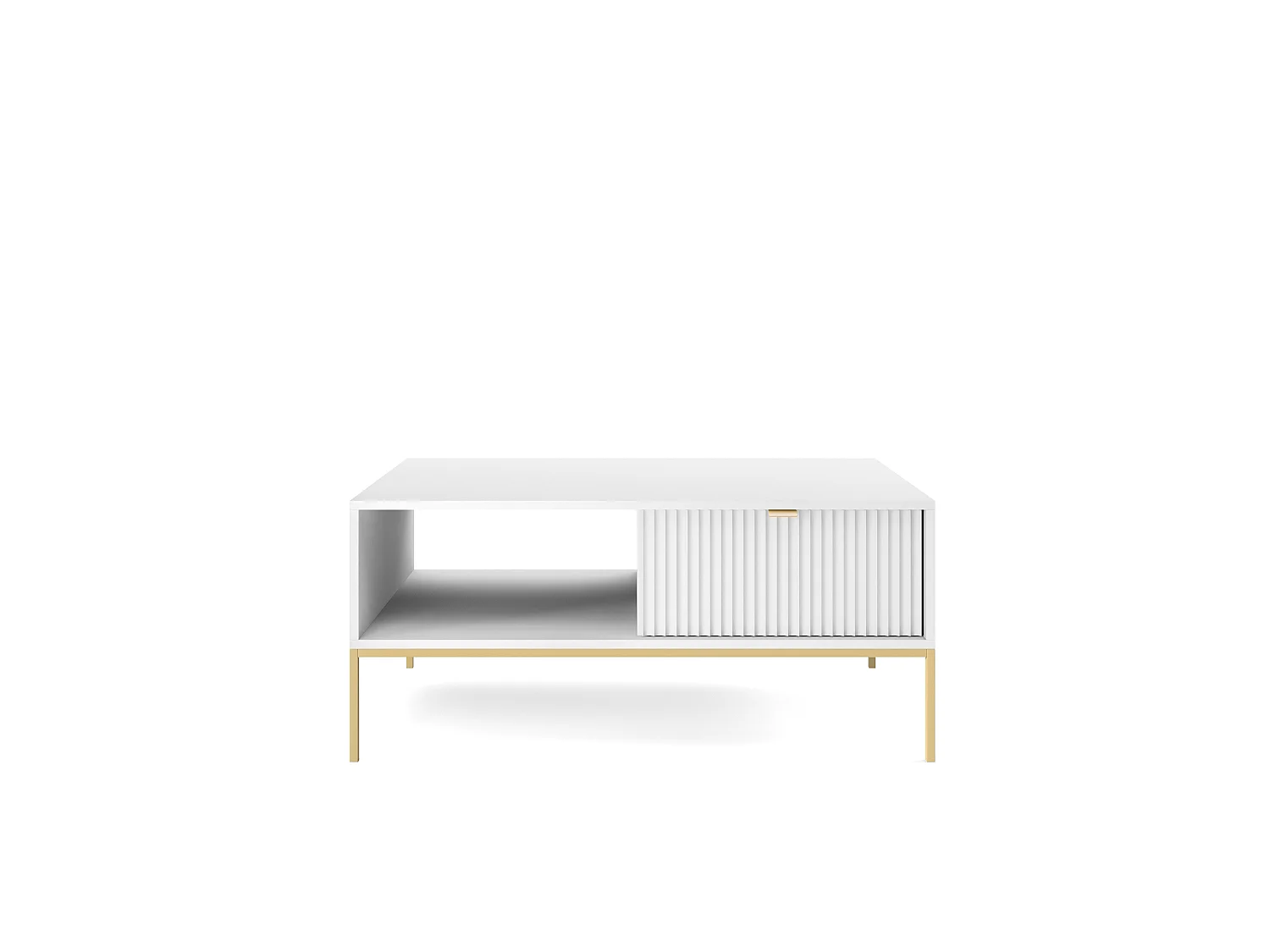Sofabord: 1 skuffe, hvid, guldramme, 104 x 46 x 68 cm, guldhåndtag
