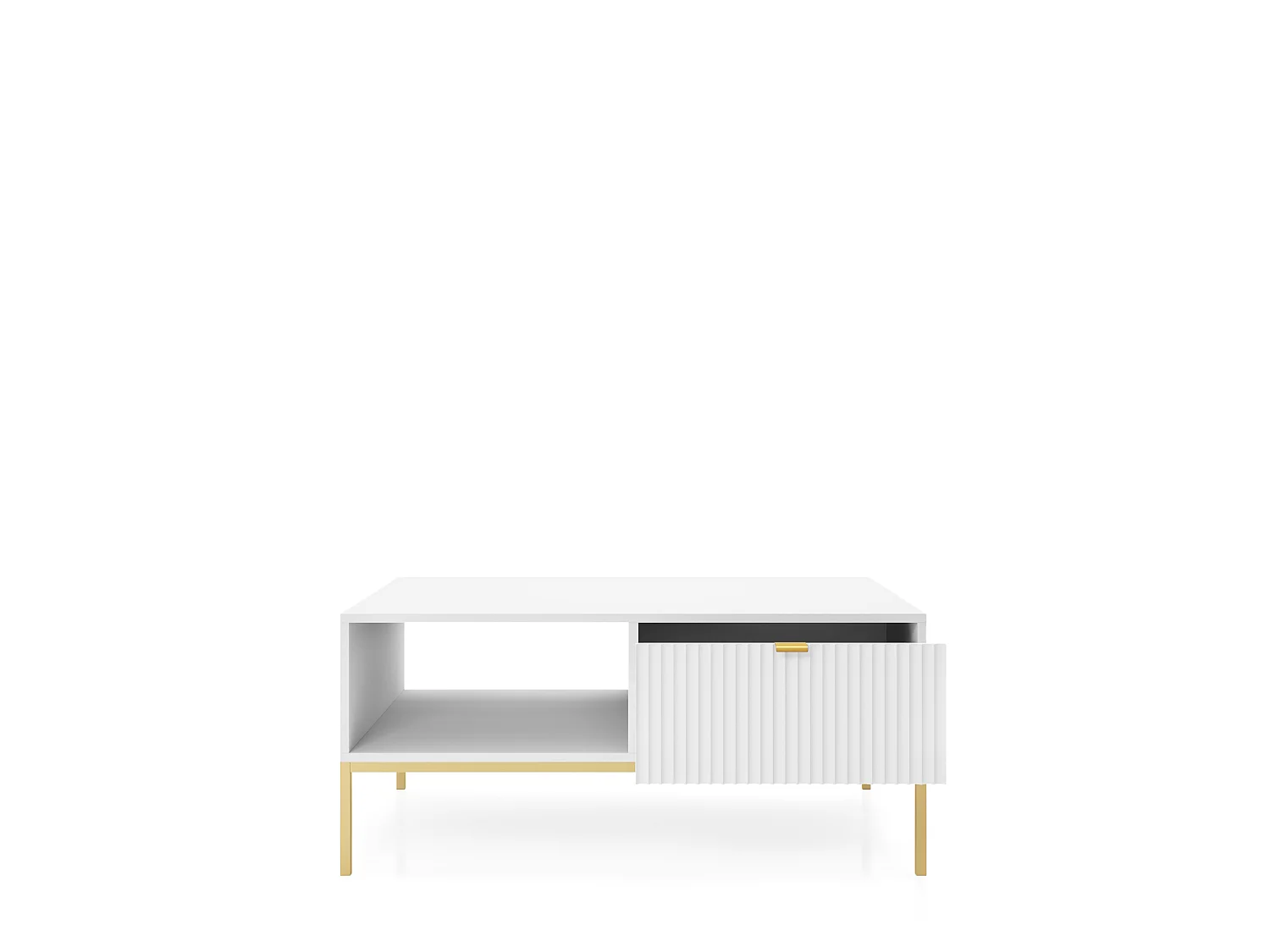 Sofabord: 1 skuffe, hvid, guldramme, 104 x 46 x 68 cm, guldhåndtag