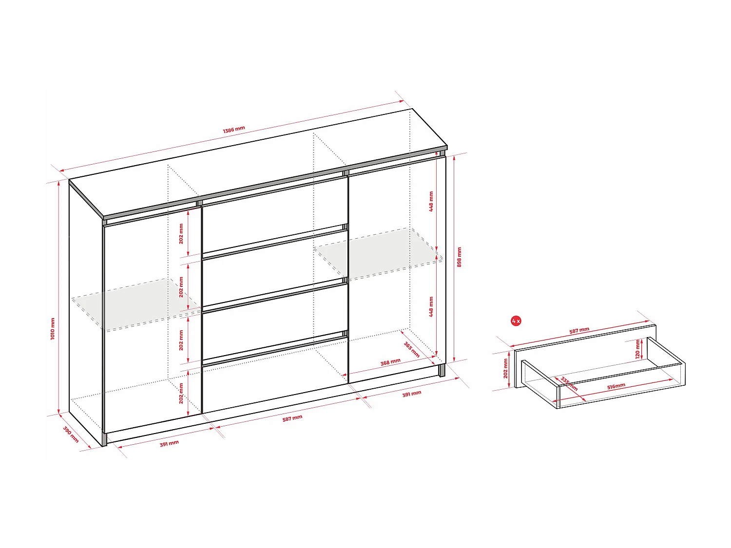Commode : Chêne Sonoma, 140 x 39 x 101 cm, 2 portes, 4 tiroirs