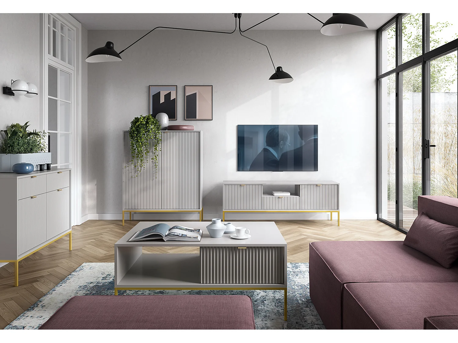 COUCHTISCH: Grau, Gold, 104 x 46 x 68 cm, goldene Griffe