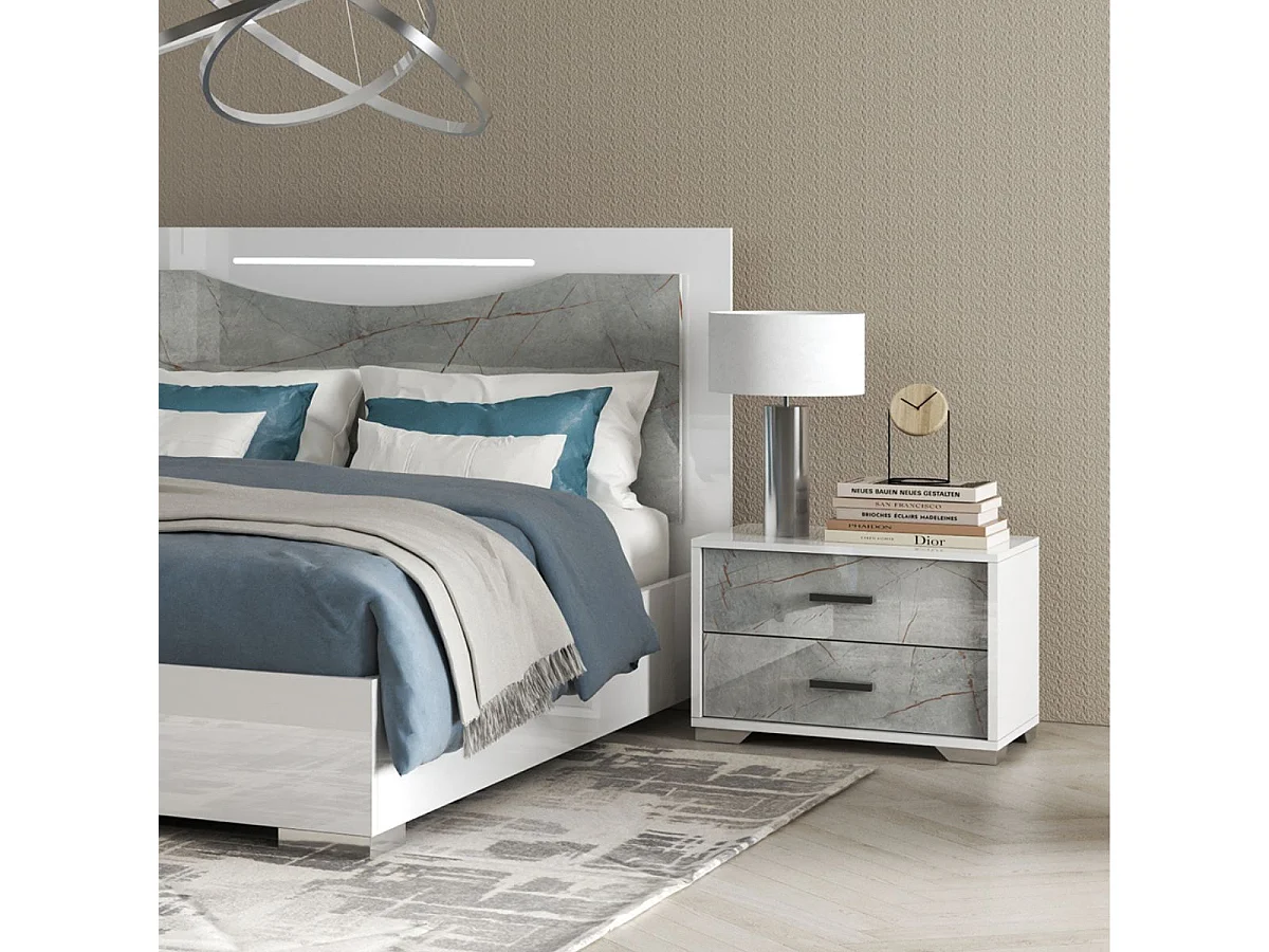 Chevet 2 tiroirs laqué blanc et imitation marbre - GENESIS