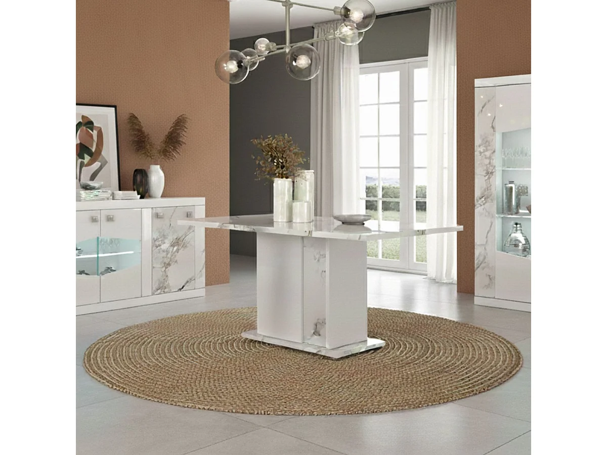 Table repas fixe 160x90cm pied central laqué blanc et imitation marbre - ETOLIS