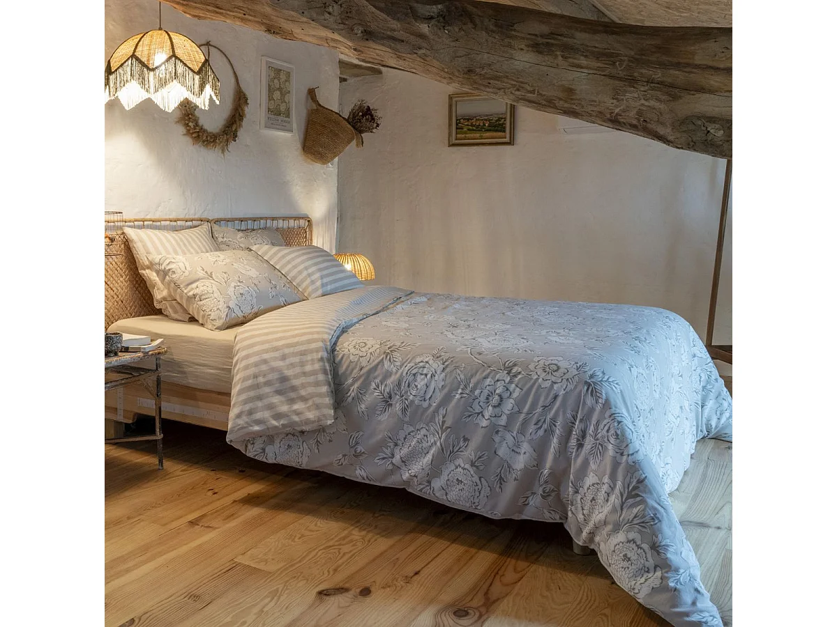 Housse de Couette 200x200cm coton imprimé recto floral verso rayé beige - COTTAGE