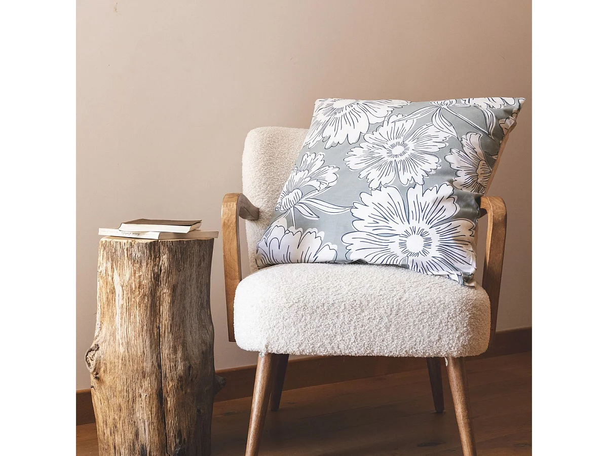 Taie d'oreiller 63x63cm coton imprimé recto floral verso rayé vert sauge et blanc - TAMIA