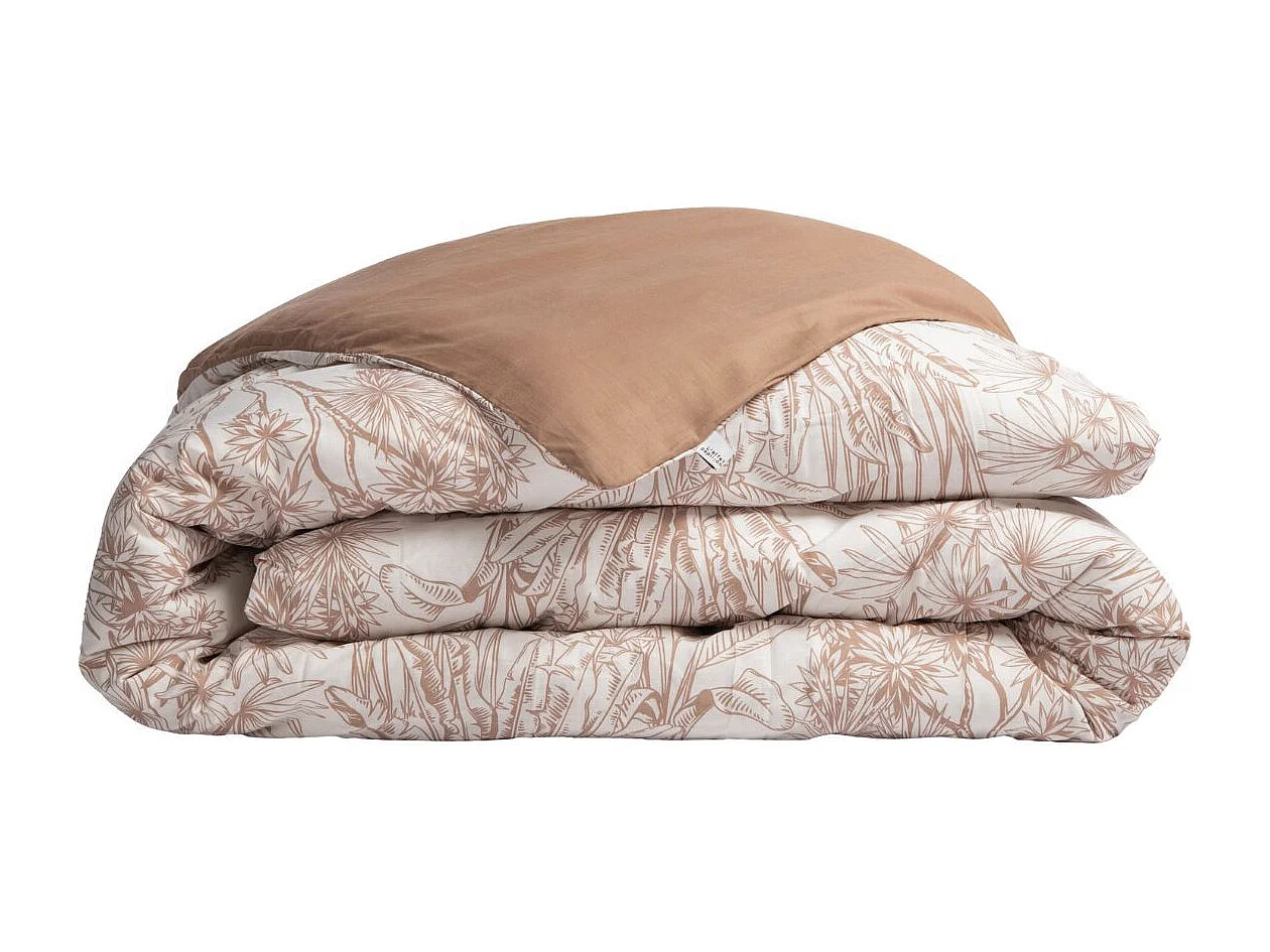 Housse de Couette 260x240cm coton imprimé feuillage blanc et sable - JAVEN