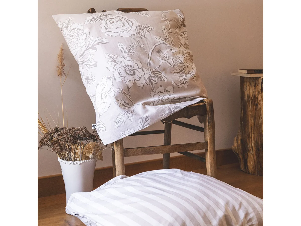 Taie d'oreiller 63x63cm coton coton imprimé recto floral verso rayé beige - COTTAGE