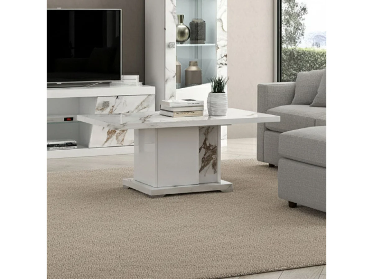 Table basse 120x65cm pied central laqué blanc et imitation marbre - ETOLIS