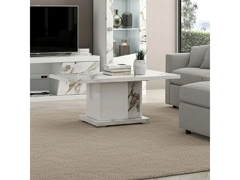 Table basse 120x65cm pied central laqué blanc et imitation marbre - ETOLIS