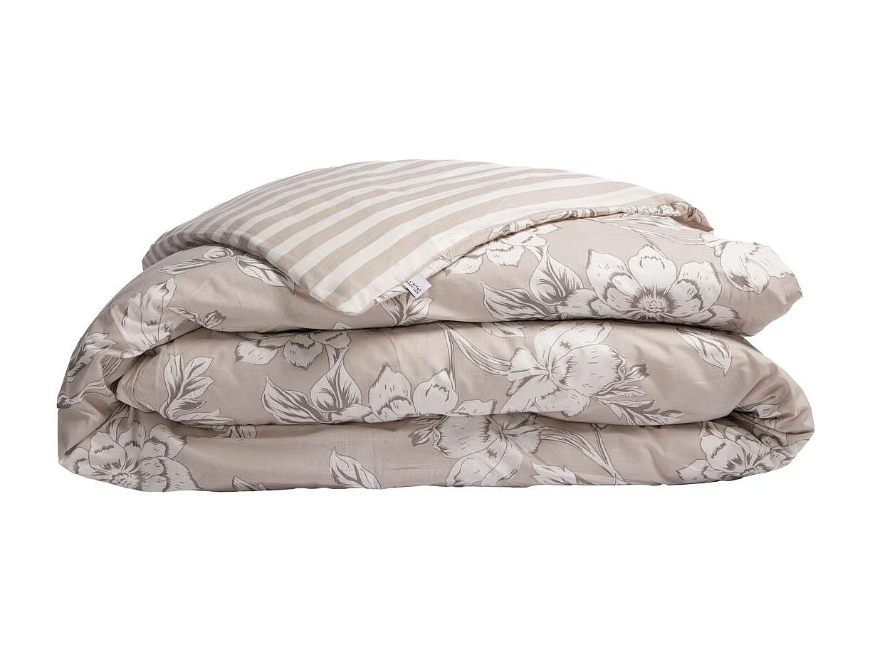 Housse de Couette 240x220cm coton imprimé recto floral verso rayé beige - COTTAGE