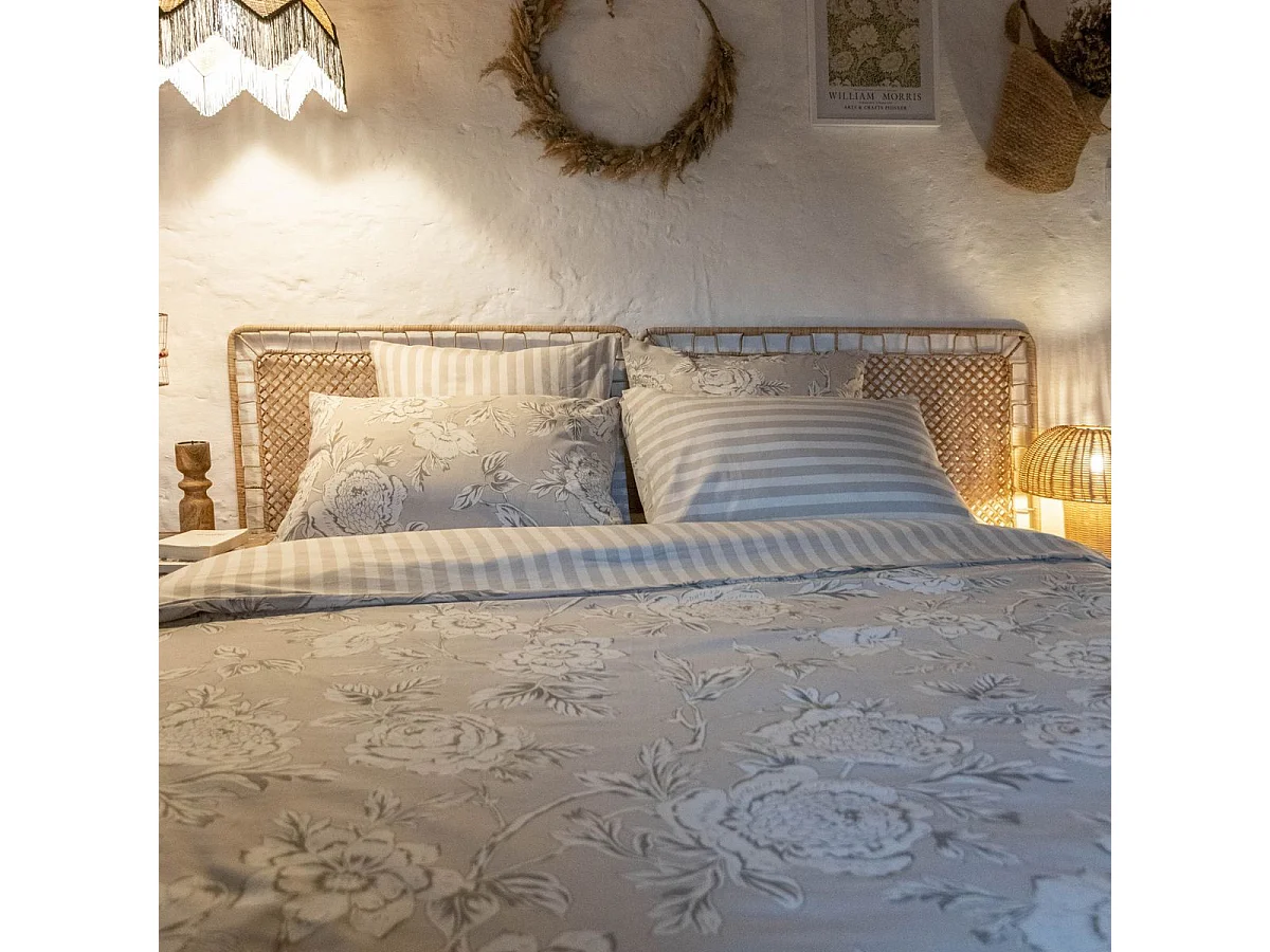 Housse de Couette 240x220cm coton imprimé recto floral verso rayé beige - COTTAGE