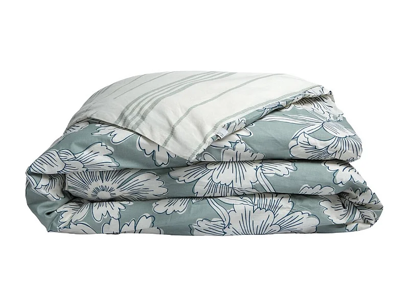 Housse de Couette 200x200cm coton imprimé recto floral verso rayé vert sauge et blanc - TAMIA