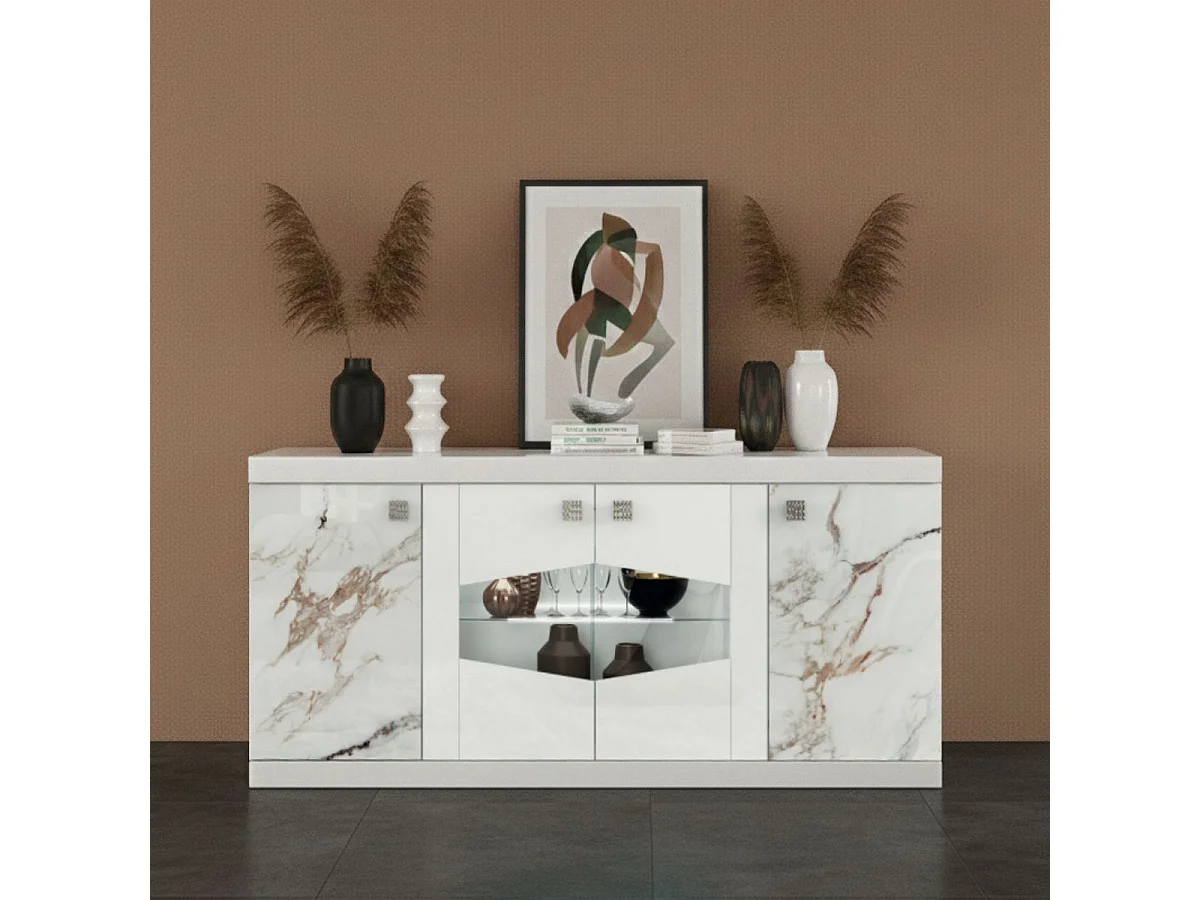Buffet 4 portes avec leds et portes centrales vitrées laqué blanc et imitation marbre - ETOLIS